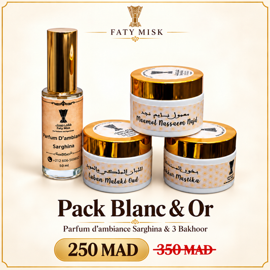 Pack Blanc & Or — Parfum d'ambiance Sarghina & 3 Bakhoor