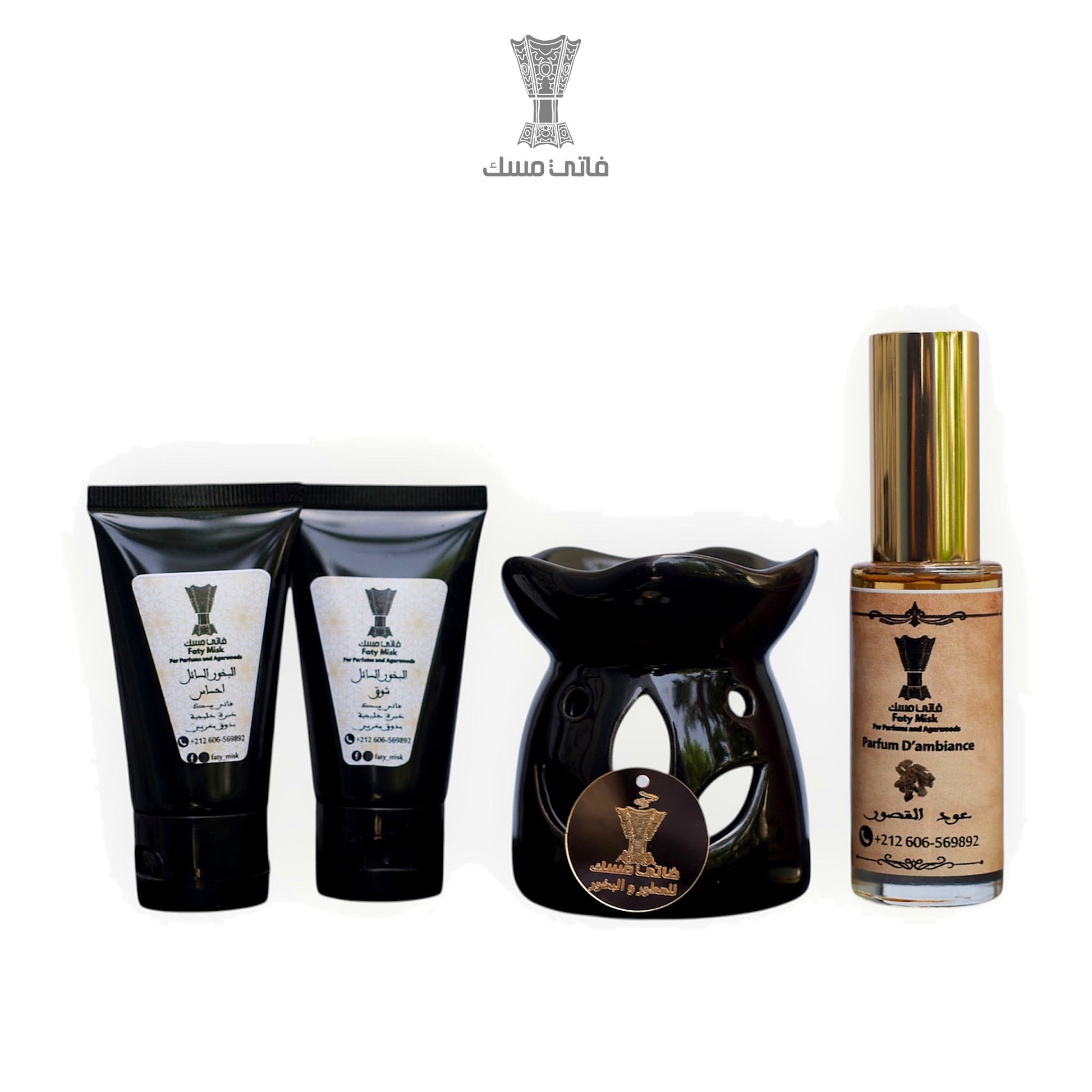 Pack Découverte Noir Faty Misk — brûle-parfum, 2 bakhoor liquide et parfum d'ambiance Oud El Qsour