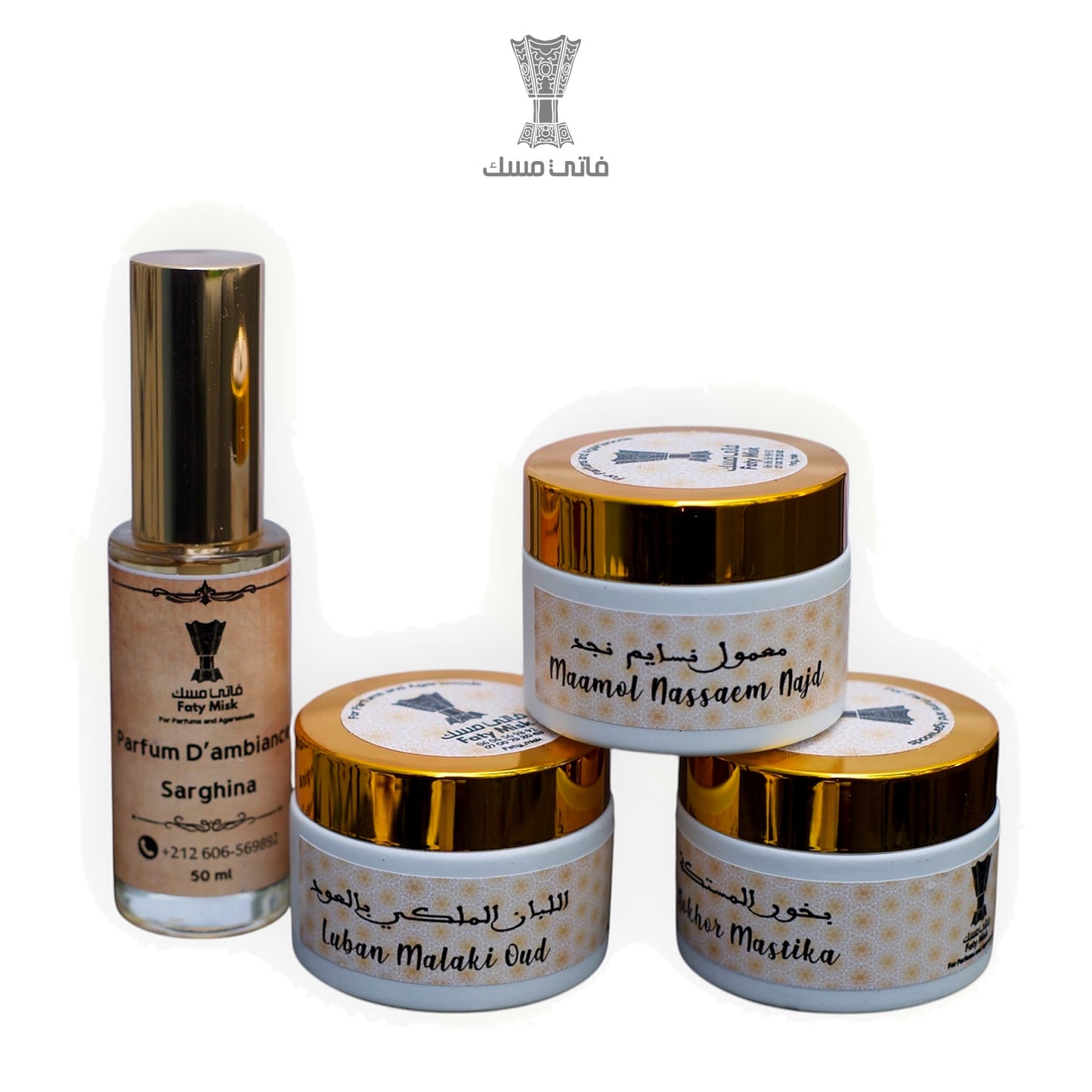 Pack Blanc et Or Faty Misk — parfum d'ambiance Sarghina et 3 bakhoor