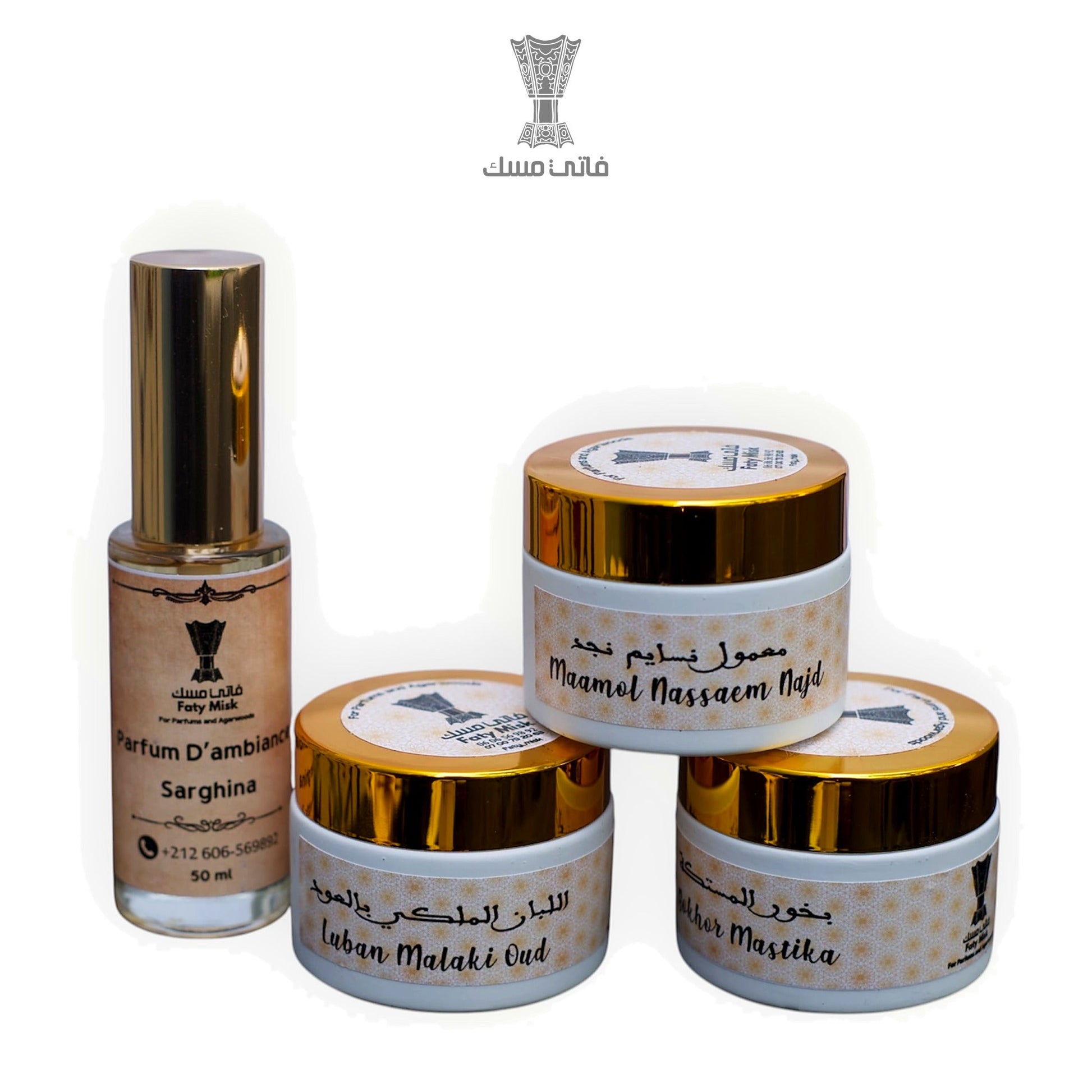 Pack Blanc et Or Faty Misk — parfum d'ambiance Sarghina et 3 bakhoor