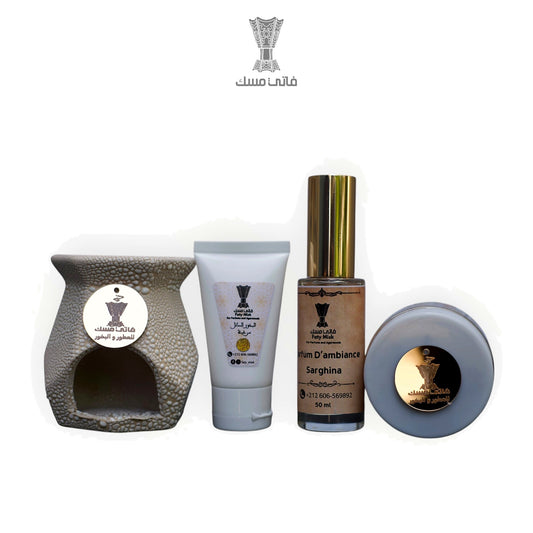 Pack Sarghina Gris Faty Misk — brûle-parfum céramique, bakhoor liquide, parfum d'ambiance et pot