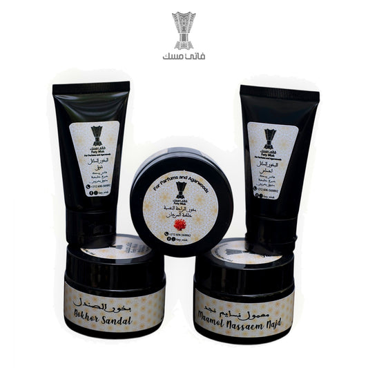 Pack Prestige Noir Faty Misk — 3 bakhoor en pot et 2 bakhoor liquide Chawq et Ihsas