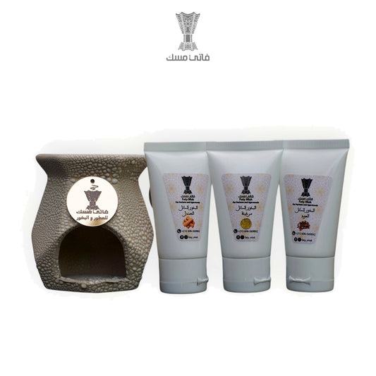 Pack brûle-parfum Faty Misk avec trio de bakhoor liquide Sandal, Sarghina et Oud